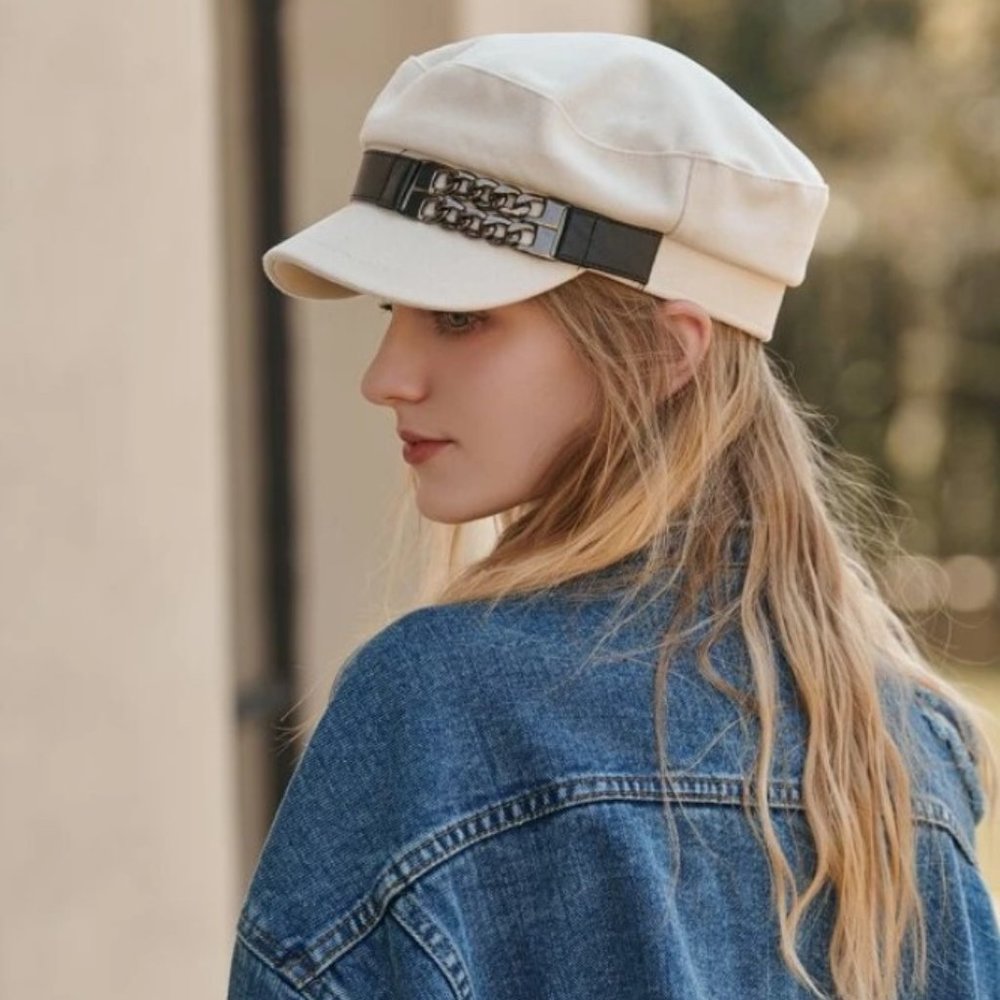 White Women's Beret Hat w/ Chain Decorated Peaked Cap Newspaper Hat Vintage - Picture 3 of 10